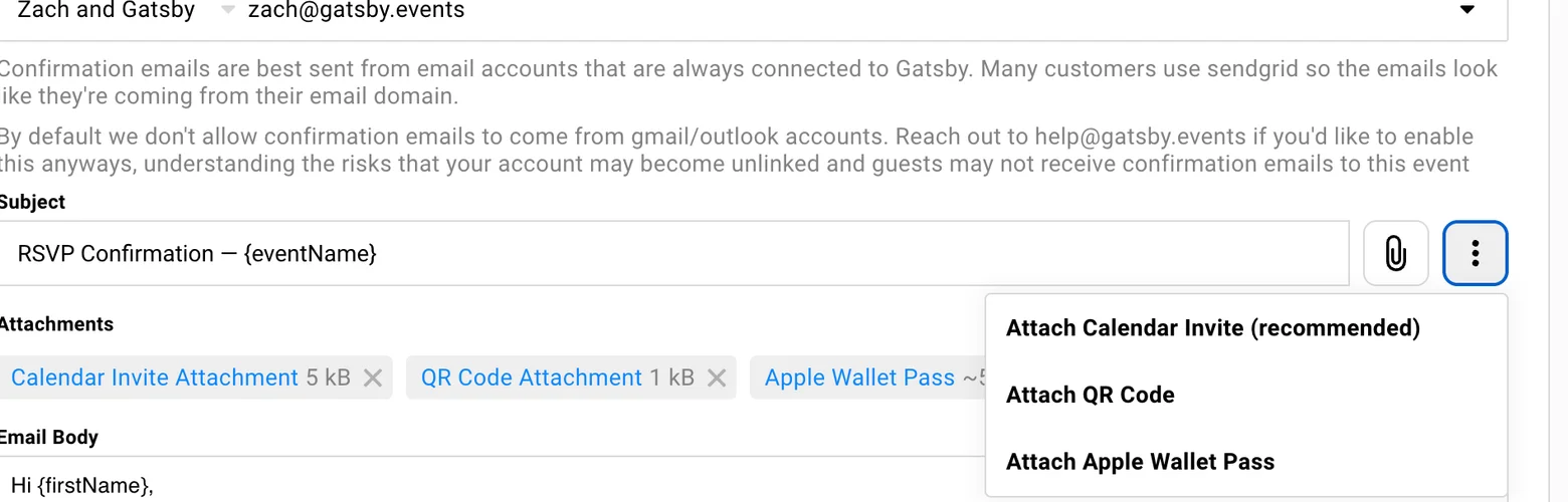 Email Settings showing the three-dot menu open with Attach Apple Wallet Pass option, alongside existing calendar invite and QR code attachments