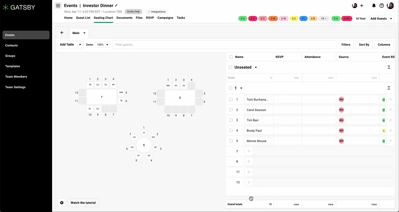 Unseated guest section showing late RSVPs appearing automatically before assignment